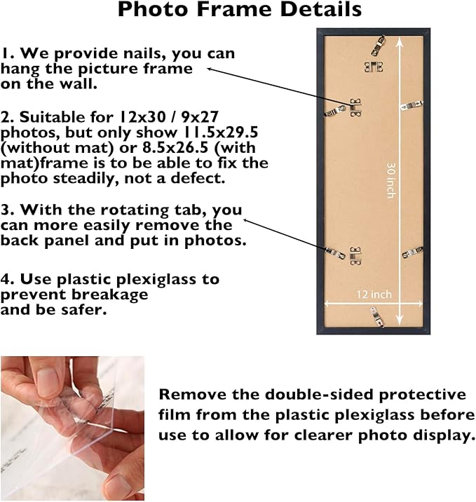 12x30 Picture Frame with 9x27 Mat Set of 2, Display Photo 9x27 with Mat or 12 x 30 Without Mat, Wall Hanging Large 12 by 30 Poster Frame with Plexiglass, 2 Pack, Black