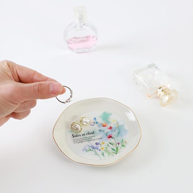 HOME SMILE Sister in Christ Jewelry Ring Dish Tray with Dynamic Butterfly Pattern Shifts,We May Not Be Sisters By Blood But We Are Sisters in Christ,Best Friend Soul Sister Birthday Wedding Gifts