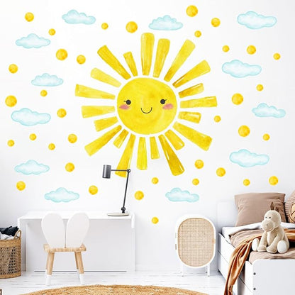 Watercolor Large Sun Wall Decals Cloud Polka Dots Wall Stickers for Kids Room, 12 Sheets Lovely Smile Sun Wall Decor Stickers Peel and Stick Wall Decorations Stickers for Bedroom Nursery