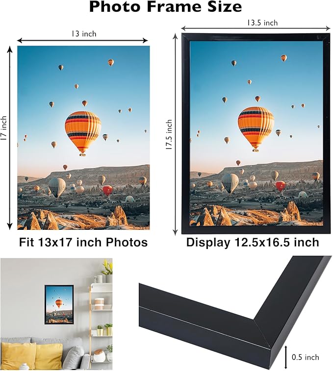 13x17 Black Picture Frame Set of 2, Horizontal and Vertical Formats for Wall Hanging, 13 x 17 Wall Gallery Poster Photo Frames with Shatter Resistant Plexiglass, 2 Pack, Black