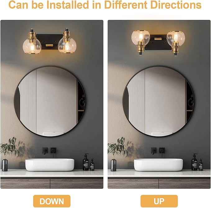2 Light Modern Bathroom Light Fixtures Over Mirror (LED Bulbs Included), Black Gold Vanity Lights for Bathroom Wall Sconces with Clear Globe Glass Glass Shades