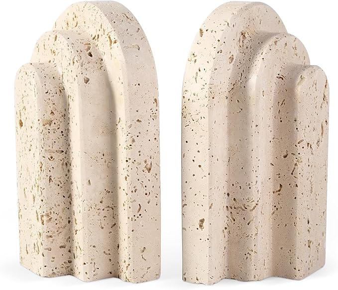 Natural Marble Book Ends - Heavy Duty Bookends for Shelves - Aesthetic Layered Arch Design Stone Book Holders, Unique Modern Office Bookshelf Stopper Decor for Books/CDs(Travertino Turkey)