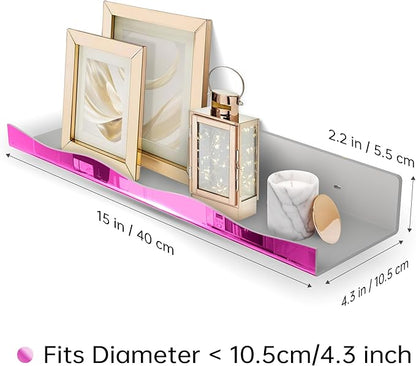 YMVV 15.7 in Large Pink Reflective Acrylic Mounted Floating Shelf, Perfume Organizer Shelf, Modern Bathroom Storage Toy Display Organizer Decor 4 Pack