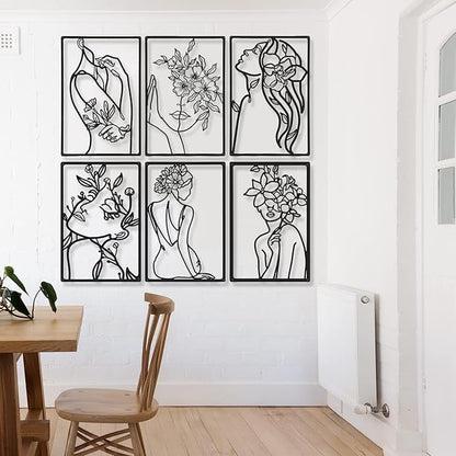 Cindeer 6 Pieces Black Metal Bedroom Wall Decor Minimalist Metal Wall Art Modern Abstract Woman Line Art Living Room Decor Aesthetic Female Bedroom Pictures Sculpture Line Drawing Hanging