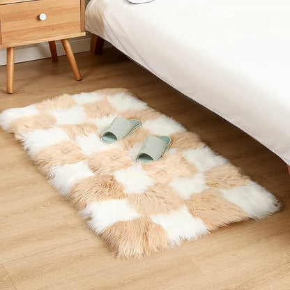 Fluffy Faux Fur Brown and White Checkered Rug，Small Area Rug,2x4 Ft Ultra Soft Shaggy Plush Rug for Bedroom Living Room Bedside Nursery Kids Room