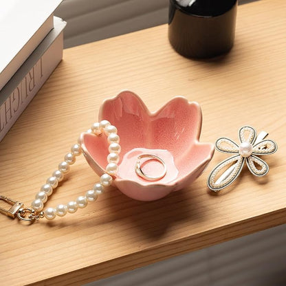 Flower Shaped Jewelry Organizer - Ceramic Ring Dish for Earrings Necklaces Bridal Gift for Women (pink)