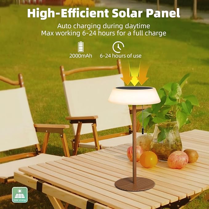Solar LED Outdoor Table Lamp Waterproof, 3 Level Dimmable Desk Night Light, Portable Cordless USB Rechargeable, for Home/Deck/Patio/Garden (Wood Grain)