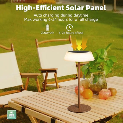 Solar LED Outdoor Table Lamp Waterproof, 3 Level Dimmable Desk Night Light, Portable Cordless USB Rechargeable, for Home/Deck/Patio/Garden (Wood Grain)