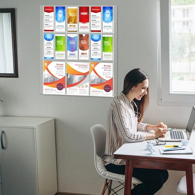 Weysat Acrylic Brochure Holder Wall Mount, Clear Plastic Pamphlet Holder Magazine Display Trifold Flyer Rack Hanging Literature Storage Organizer(3 Magazine Pockets, 12 Pamphlet Pockets)