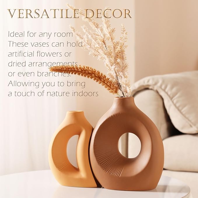 Ceramic Vase Set of 2 - Handcrafted Ceramic Vases for Home Decor & Shelf - Modern Farmhouse Decor for Kitchen, Office, Bedroom & Living Room Decorative Objects for Mantel, Table Centerpieces