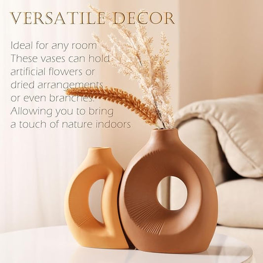 Ceramic Vase Set of 2 - Handcrafted Ceramic Vases for Home Decor & Shelf - Modern Farmhouse Decor for Kitchen, Office, Bedroom & Living Room Decorative Objects for Mantel, Table Centerpieces