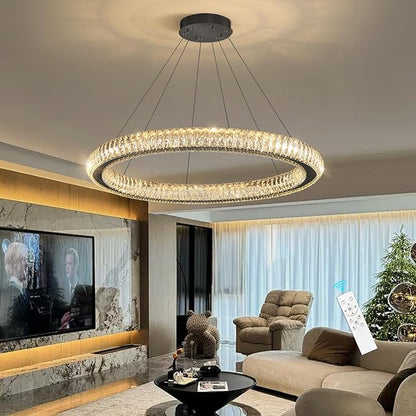 Modern Ring Chandelier LED Dimmable Living Room Chanderliers Entryway High Ceiling Crystal Ring Pendant Lights for Dining Room Bedroom Black Interior Light