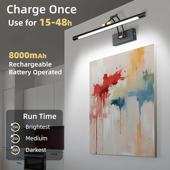 16“ Picture Lights for Wall Battery Operated, Wireless Picture Light with Remote, Rechargeable Wall Light 3000K/4000K/6000K Dimmable, Art Lighting for Paintings Frame Gallery Dartboard, Black Gold