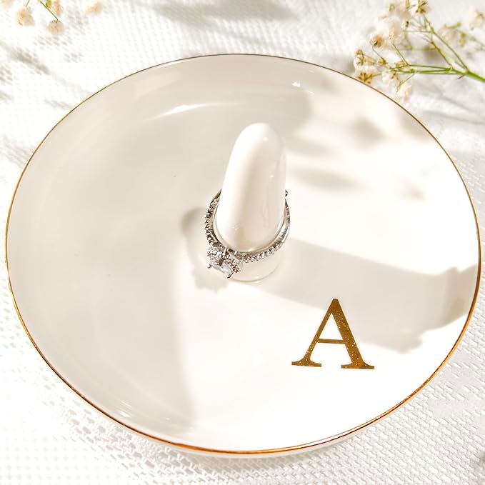 Ceramic Initials Jewelry Tray Ring Dish With Personalized A-Monogrammed Engagement Wedding Gifts, for Birthday Mother's Day for Women, Ceramic White 4.7" x2.4"