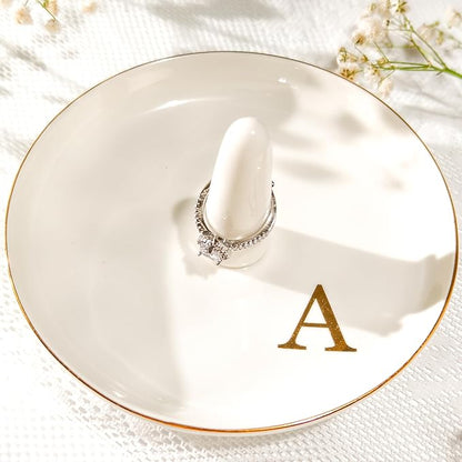 Ceramic Initials Jewelry Tray Ring Dish With Personalized A-Monogrammed Engagement Wedding Gifts, for Birthday Mother's Day for Women, Ceramic White 4.7" x2.4"
