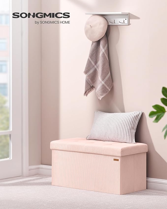 SONGMICS Mazie Collection - Storage Ottoman Bench, Foldable Foot Rest, 15 x 30 x 15 Inches, End of Bed Bench, Storage Chest, Load 660 lb, Living Room, Bedroom, Entryway, Jelly Pink ULSF603R01