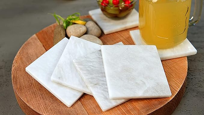 Coasters for Drinks - Set of 6 Modern Coasters - 4" Wide Drink Coasters - Made from Real Solid Marble White Marble Coasters Sqaure Shape