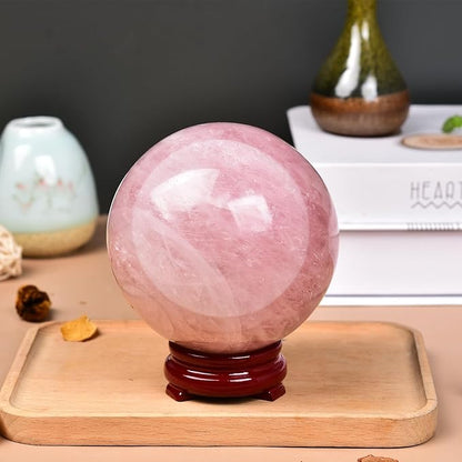 JIC Gem Large Healing Crystal Ball Pink Rose Quartz Crystal Sphere Ball with Stand Decorative Ball Home Decoration (110-120mm)