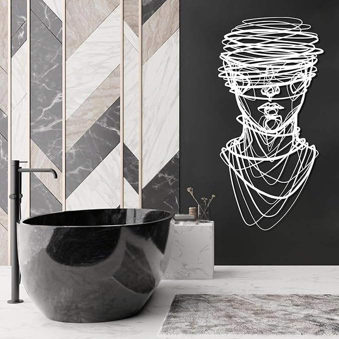 vinwipe Abstract Face Metal Wall Art, Metal Abstract Line Wall Decor, Minimalist Line Wall Hanging, Modern Geometric Wall Art for Bathroom (White, 24"x12"/60x30cm)