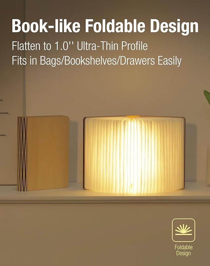 Wooden Book Lamp - Portable Folding LED Book Light for Reading, Unique Gift for Book Lovers, Magnetic Mood Lighting for Home&Library Decor (Maple)