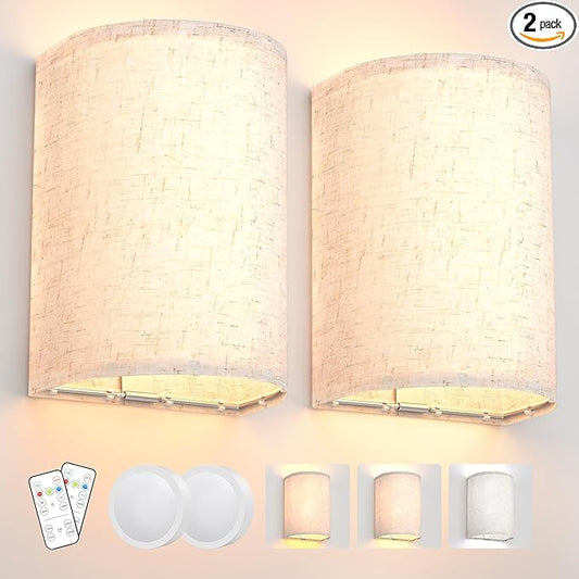 Wall Sconces Set of Two, Battery Operated Wall Sconces 3 Colors Changeable Dimmable Wall Lights Fixtures with Remote Control Fabric Wall Lamp Sconces for Bedroom Living Room Hallway