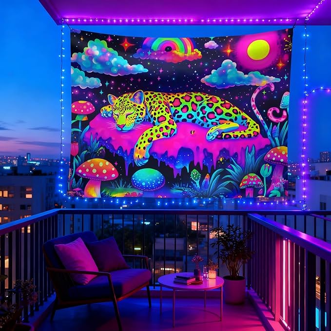seewan Black Light Sleeping Leopard Tapestry, Glow-in-the-Dark UV Neon Rainbow Clouds and Stars Wall Hanging, Psychedelic Animal Art Tapestry, Bedroom Dorm Living Room Background Decor