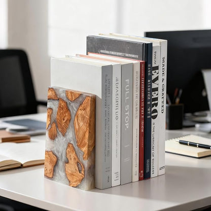 Resin Bookends Large Heavy Duty Bookends for Shelves, Unique Burl Wood Figure Book Ends for Study Office, Fancy Modern Decorative Book Supports for Bookshelf Organization (Pearlescent White)