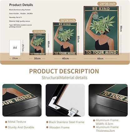 Framed Art Vintage Be Kind To Your Mind Poster Mental Health Quote Canvas Wall Art Cool Poster Unique Green Plant Girl Print Painting Retro Home Wall Decor Picture for Women Bedroom 24x36in