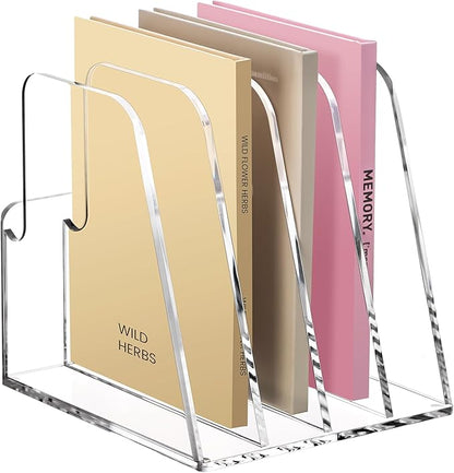 YUXUN Acrylic Magazine Holder,Clear Desk Organzier Workspace Organizers with 4 Vertical Compartments File Sorter for Magazine,Notebooks, Envelopes,Comic Coloring Book Storage(6.6 X 7.2 X 6.7 Inch)