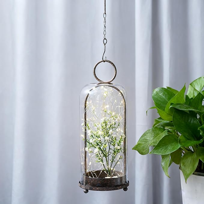 16" High Versatile Modern Metal Hurricane Lantern with Handmade Sturdy Glass Dome in Rustic Brown for Pillar Candle & Plants, Industrial, Farmhouse, Shabby Chic (Brown, 6.3:x16.5)