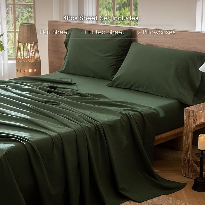 MooMee Bedding Sheet Set 100% Washed Cotton Linen Like Textured Breathable Durable Soft Comfy (Solid Forest Green, Queen)