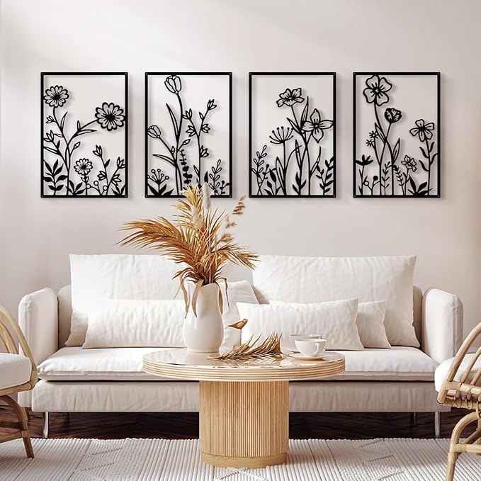 Sokurdeg Black Metal Flowers Wall Decor, Minimalist Floral Metal Wall Hanging Art, Black Abstract Rustic Flower Line Wall Sculptures for Bedroom Bathroom Living Room (4 Pcs, 15.7 x 22.5 in)