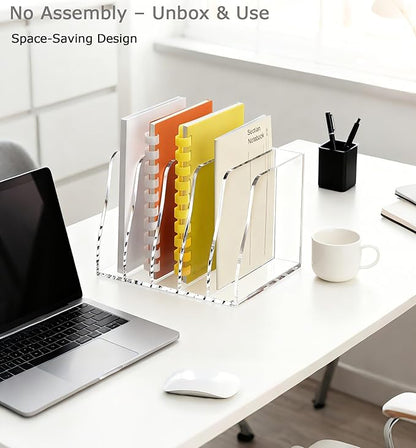 YUXUN Clear Acrylic File Folder Holder - 5 Vertical Compartments Desk Document Sorter, Upright Magazine Rack for Office/Home/Classroom, Stores Documents, Tablets, Magazines, Books & Accessories