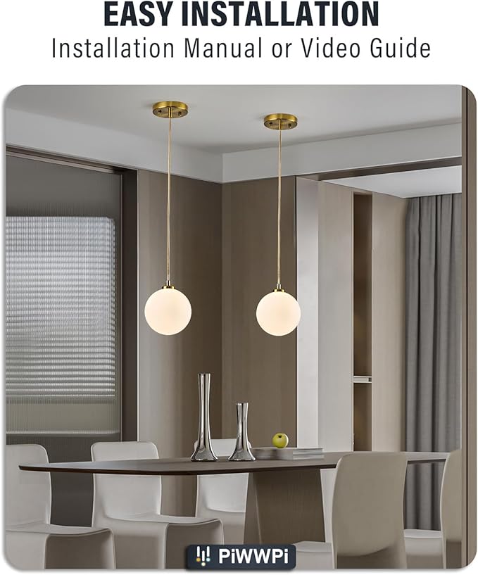 Mid Century Modern Chandelier, 1- Light Globe Glass Ceiling Hanging Chandelier, Glod Pendant Light, White Spherical Blackout Bedside Lamp for Bedroom, Kitchen Island, Dining Room, Living Room