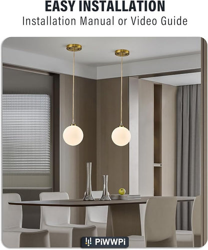 Mid Century Modern Chandelier, 1- Light Globe Glass Ceiling Hanging Chandelier, Glod Pendant Light, White Spherical Blackout Bedside Lamp for Bedroom, Kitchen Island, Dining Room, Living Room