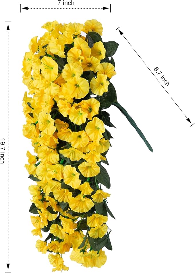 HyeFlora Artificial Fake Hanging Flowers Plants for Outdoor Outside Decoration, 2PCS Faux Silk UV Resistant Look Real Yellow Morning Glory Trailing Vines for Home Planter Porch Patio Balcony