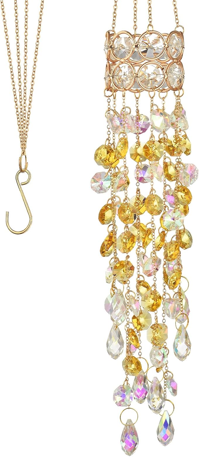 Hanging Window Garden Crystal Sun Catcher, Gold-Plated Sun Catcher for Indoor and Outdoor Decoration, Light Catcher, Party Crystals (Golden)