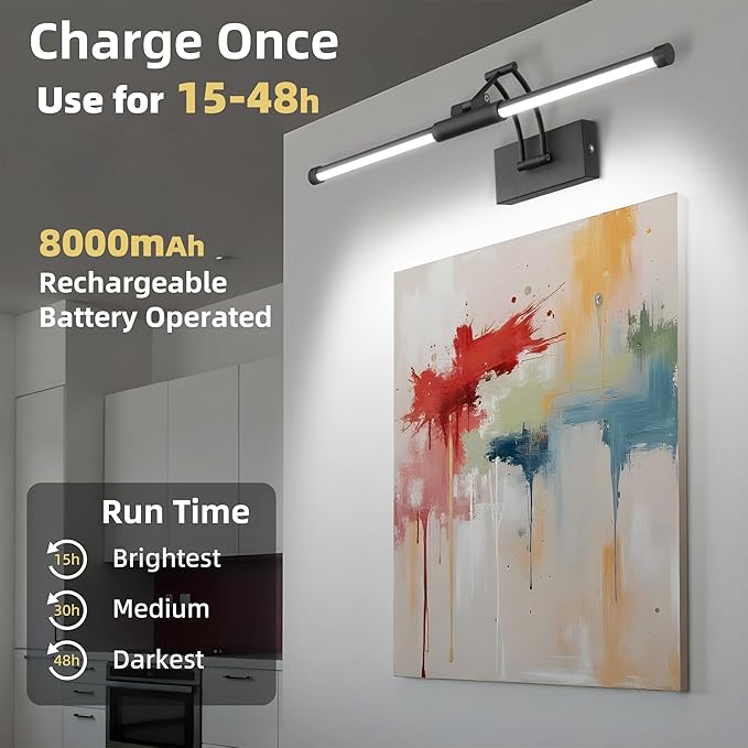 24“ Picture Lights for Wall Battery Operated, Wireless Picture Lights with Remote, Rechargeable Wall Light 3000K/4000K/6000K Dimmable, Art Lighting for Paintings Frame Gallery Dartboard Light, Black