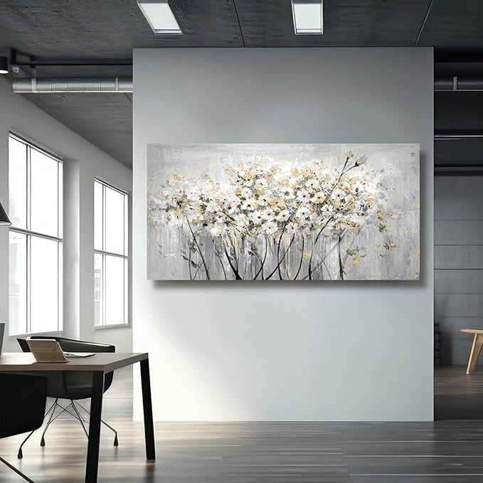 VAYIMDH Gold Pictures Wall Decor Living Room Wall Hanging White and Grey Vintage Posters Floral Photo Prints for Bedroom Dining Room 24x48 Inch