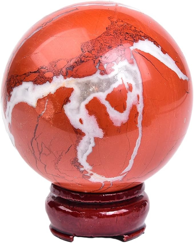 JIC Gem Red Healing Crystal Ball with Decoation Stand - Red Jasper Gemstone Sphere for Fengshui, Meditation & Energy Reiki (90-100mm)
