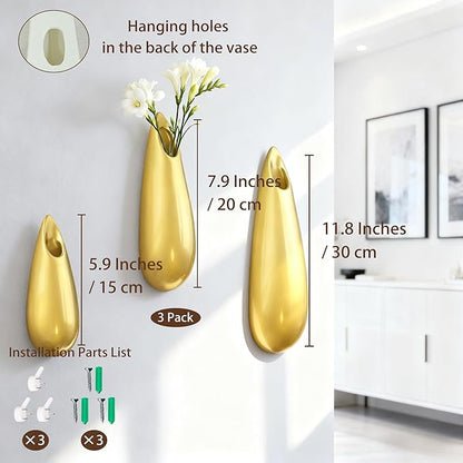 Sculptural Wall Ceramic Vase — 3 Pack Gold Hanging Sconce Vase | Turn Flowers into Art — Decorative Ceramic Wall Sconce for Single Stem Displays