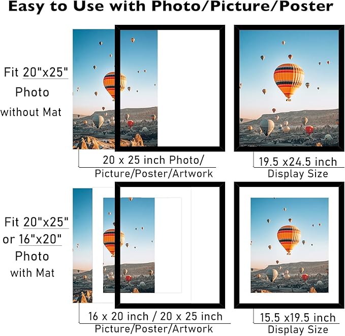 20x25 Picture Frame with 16x20 Mat Set of 2, Display Photo 16x20 with Mat or 20 x 25 Without Mat, Wall Hanging Large 20 by 25 Poster Frame with Plexiglass, 2 Pack, Black