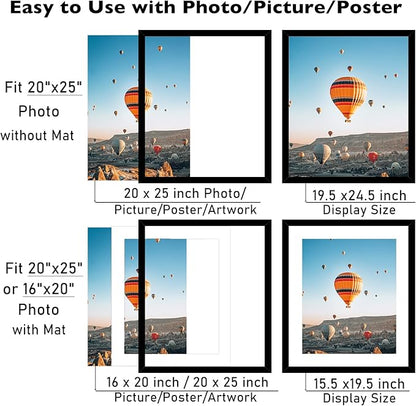 20x25 Picture Frame with 16x20 Mat Set of 2, Display Photo 16x20 with Mat or 20 x 25 Without Mat, Wall Hanging Large 20 by 25 Poster Frame with Plexiglass, 2 Pack, Black