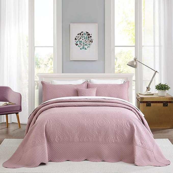 HZ & HY Oversized King Bedspread 128x120 Extra Wide, Ultrasonic Coverlet Bedding Set, Lightweight Thin Comforter, Reversible, 5 Piece, 100% Microfiber, Mauve Shadows
