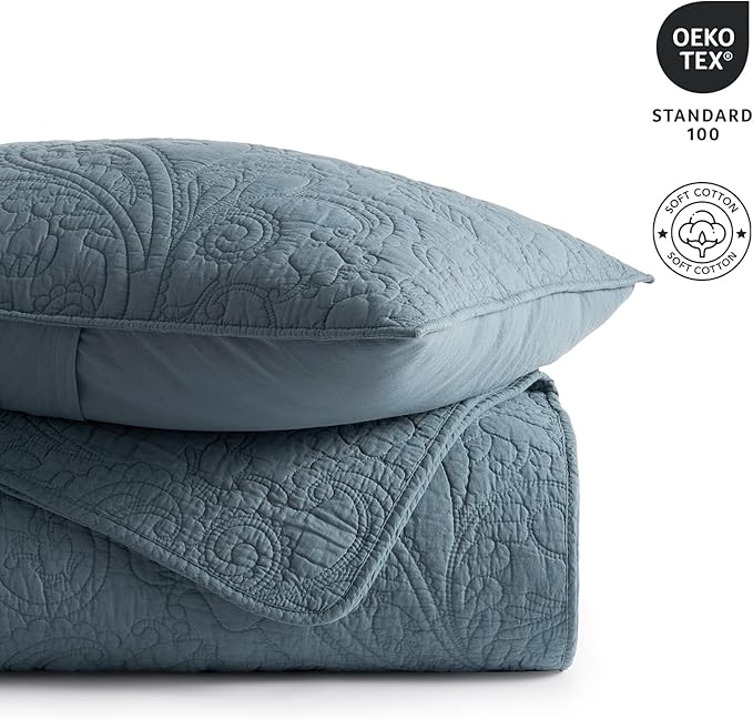EVERGRACE 100% Cotton Paisley Quilt Set, Queen Size 3 Piece Set – Prewashed Lightweight Bedspread with 2 Shams, Soft & Breathable Matelasse Coverlet for All-Season Comfort, Stormy Blue
