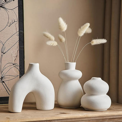 White Ceramic Vase Set of 3 Small Flower Vases for Home Decor, Modern BohoVase for Pampas Grass, Round Decorative Vases Table Centerpieces for Wedding Living Room Shelf Coffee Table (White Vase - B)