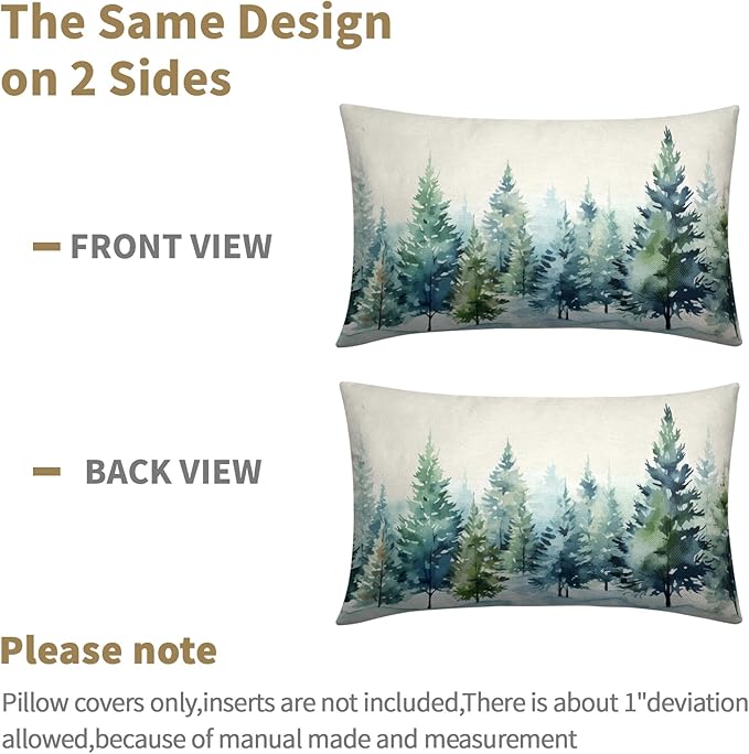 Watercolor Christmas Tree Lumbar Pillow Covers 12x20 Set of 2 Blue Green Xmas Print Vintage Decorative Outdoor Throw Pillow Cases Winter Holiday Decoration Farmhouse Sofa Couch Cushion Cover Bed Decor