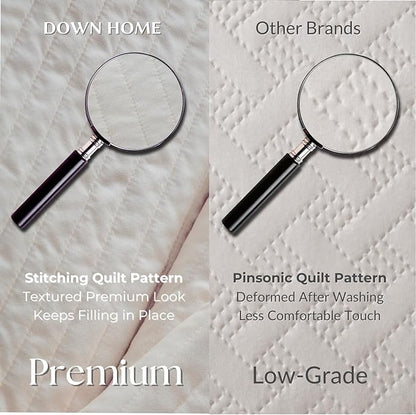 DOWN HOME Cali King Quilt Bedding Set with Shams, Vintage Washed Quilted Blanket Thin Comforter Lightweight Bedspread Coverlet Bed Cover, Brushed Microfiber Stripe Stitching, Linen White, 111"x92"