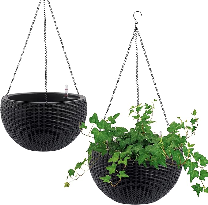 13.5 inch 2Pack Large Hanging Planters for Outdoor/Indoor Plants, Self Watering Hanging Pot with Water Level Indicato, Drainage Holes and Chain for Garden Porch, Black