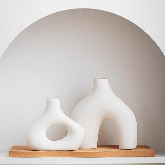 White Ceramic Modern Flower Vase, Nordic Coffee Table Home Decor Vases for Bookshelf, Minimalist Centerpiece, Living Room, Entry Way, Dining Tables, Desk